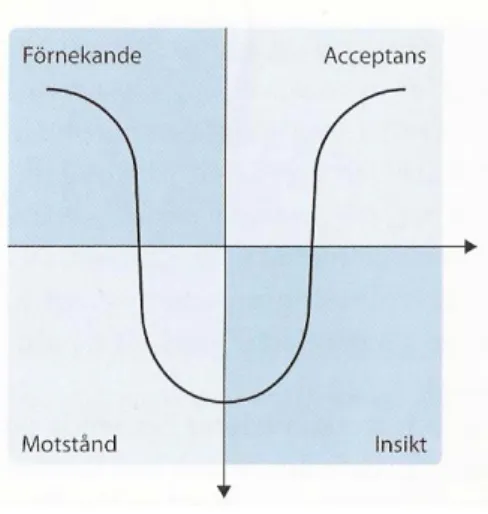 Figur 6 Kriskurvan – Individers reaktion vid oväntad och påtvingad förändring (Bruzelius &amp; Skärvad, 2004) 