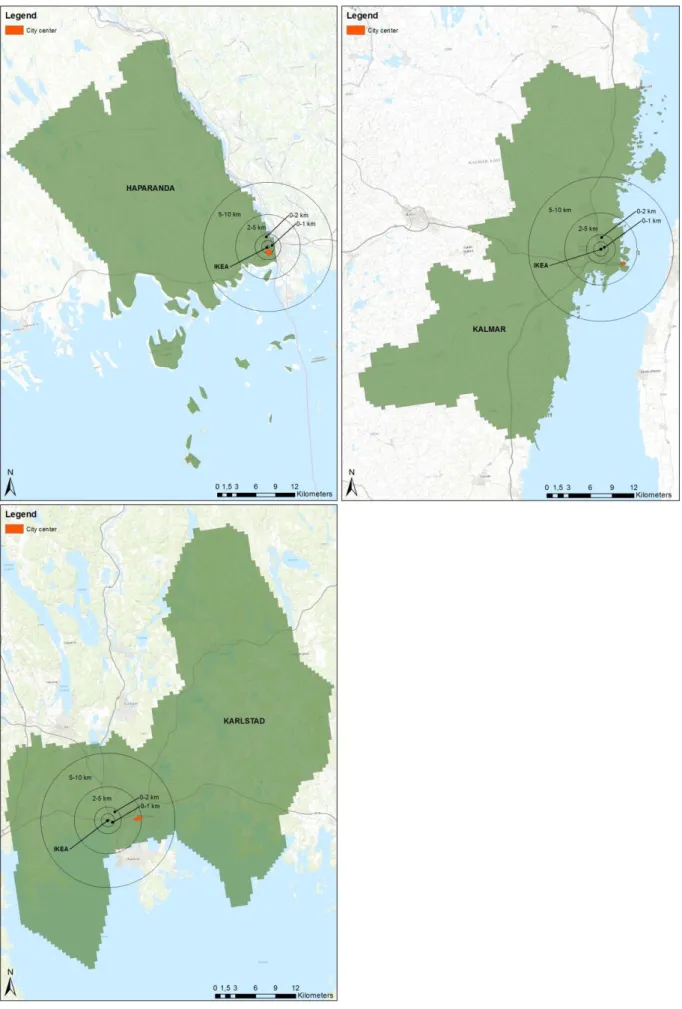 Figure 3. Buffers used for analysis, entry municipalities: Haparanda, Kalmar, Karlstad