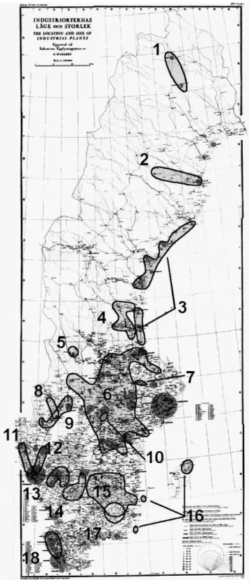 figur 3: I skriften Industrimiljöer på landsbygden  beskrivs arton industriregioner i Sverige, här inlagda på  en karta över Sveriges industri vid mitten av 1950-talet