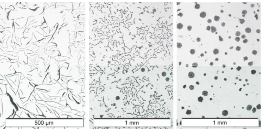 Figure	2.	Graphite	morphologies	as	viewed	on	a	polished	cross	section	of	the	cast	iron.	From	left	to	 right:	Lamellar	graphite,	Compacted	graphite,	Spheroidal	graphite.	Note	that	a	few	spheroidal	graphite	 is	found	among	the	compacted	graphite,	as	is	typic