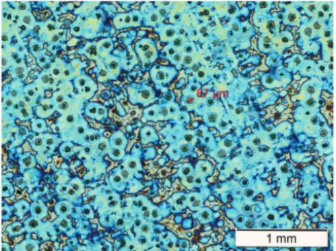 Figure	 13.	 A	 selected	 micrograph	 of	 a	 colour	 etched	 section	 of	 H60.	 Bright	 blue	 areas	 correspond	to	the	earlier	solidified	structure.	