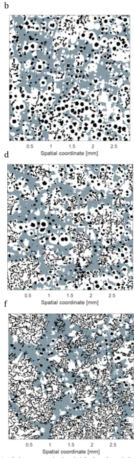 Figure	 15.	 The	 solidification	 structure	 when	 60%	 of	 the	 matrix	 had	 solidified,	 inferred	 from	 the	 elemental	maps	measured	using	EPMA‐WDS.	White:	solid	matrix,	grey:	liquid,	black:	graphite.	a:	H10,	 b:	H20,	c:	H30,	d:	H40,	e:	H50,	f:	H60.	