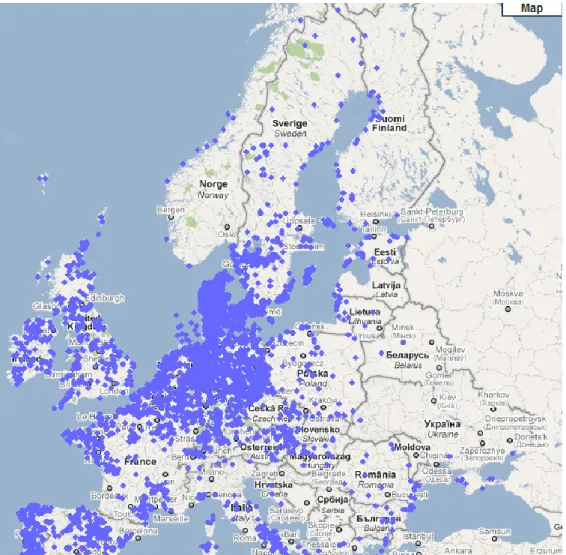Figure 1-5 The European map of wind farms (www.thewindpower.net) 