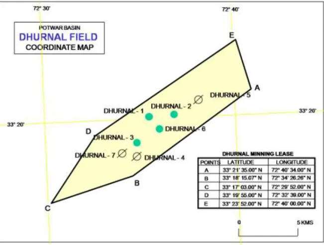 Figure 1.4: Coordinate map of the Dhurnal oil field (Source: Ocean Pakistan Limited). Dhurnal  oil field is the focus of this thesis