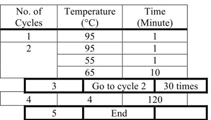 Table 3. The thermal cycling for mutagenesis PCR  No. of  Cycles  Temperature (°C)  Time  (Minute)  1  95  1  2  95  1  55  1  65  10  3  Go to cycle 2  30 times  4  4  120  5  End 