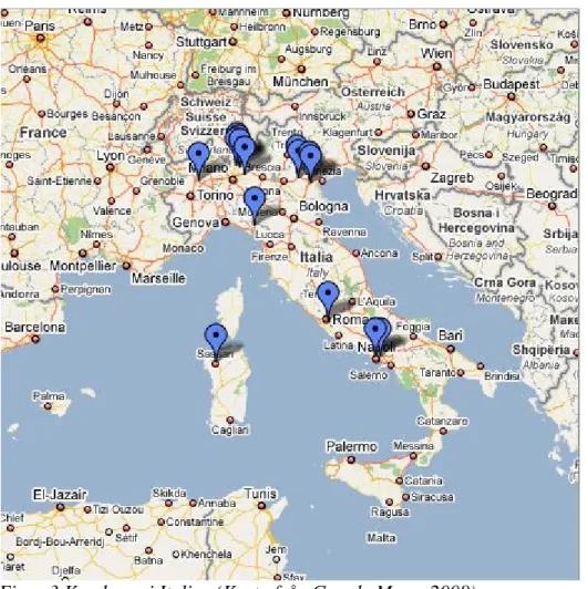 Figur 3 Kunderna i Italien (Karta från Google Maps, 2008)  