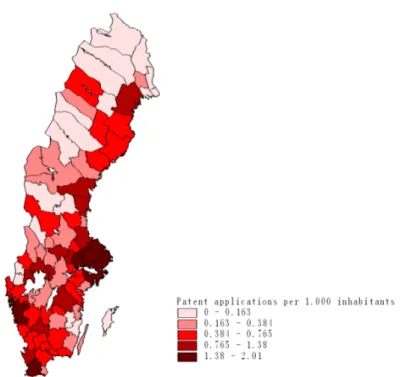 Figure 1: The geographic distribution of patent applications per 1 000 inhabitants to the EPO for Swedish regions 1993-1999