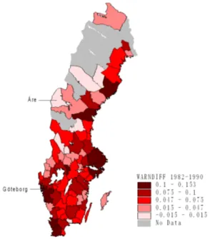 Figure 2: Technological specialization measured by average W ARN in Swedish functional regions over the 1982-90 period.