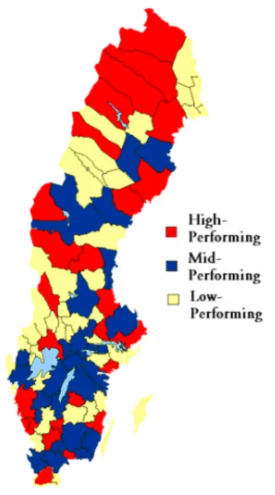 Figure  3  demonstrate  the  division  of  Swedish  labor  market  regions  into  three  groups  according to their income level per capita in the year 1994, which has been used as a base  year throughout this thesis