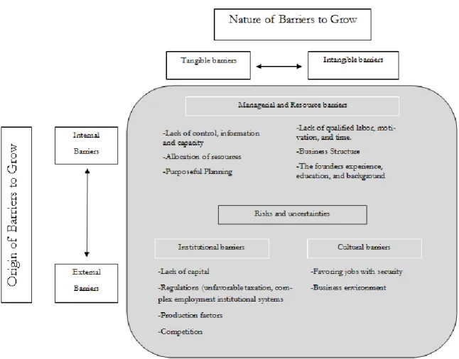 Figure 1. Challenges of Growth, a summarizing figure made by the authors of this study based on the research  by:  Penrose  (1959),  Bernanke  (1980),  Ylinenpää  (1996),  Storey  (1999),  Kangasharju,  A