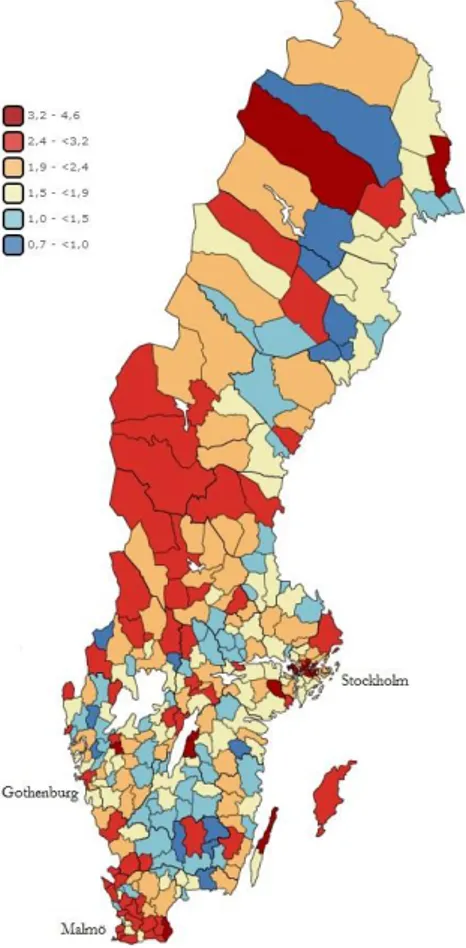 Figure 7 shows how the new firm formation rate differs across the Swedish municipalities in  the fifth and final industry category, public and personal services