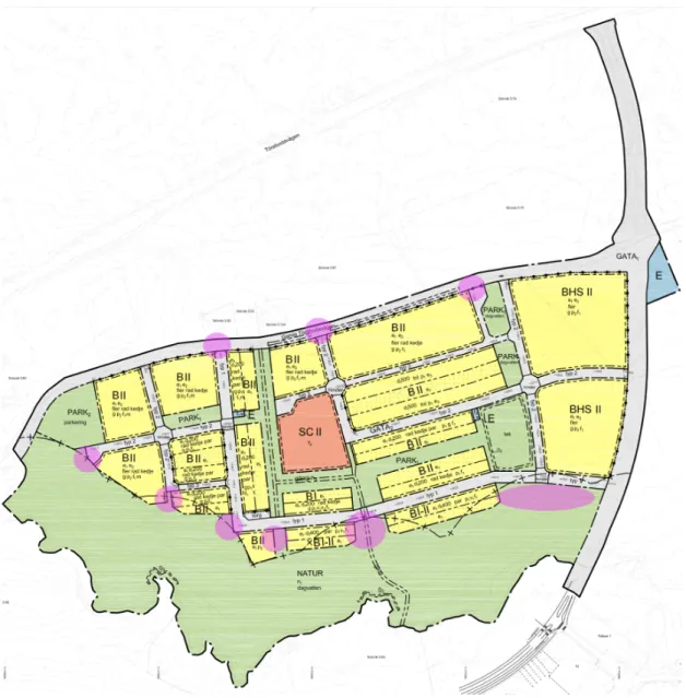 Figur 4.3 Visar detaljplan över bostadsområdet Trädgårdsstaden i Skövde kommun  (Skövde kommun, 2018)