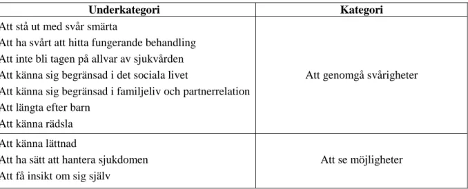 Tabell 1. Översikt över kategorier och underkategorier. 