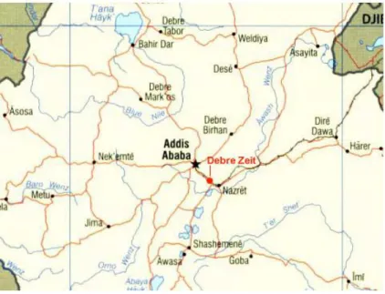 Figure 4.1: Location of the town Bishoftu (Debre Zeit) (Ethiopia guide, 2010) 