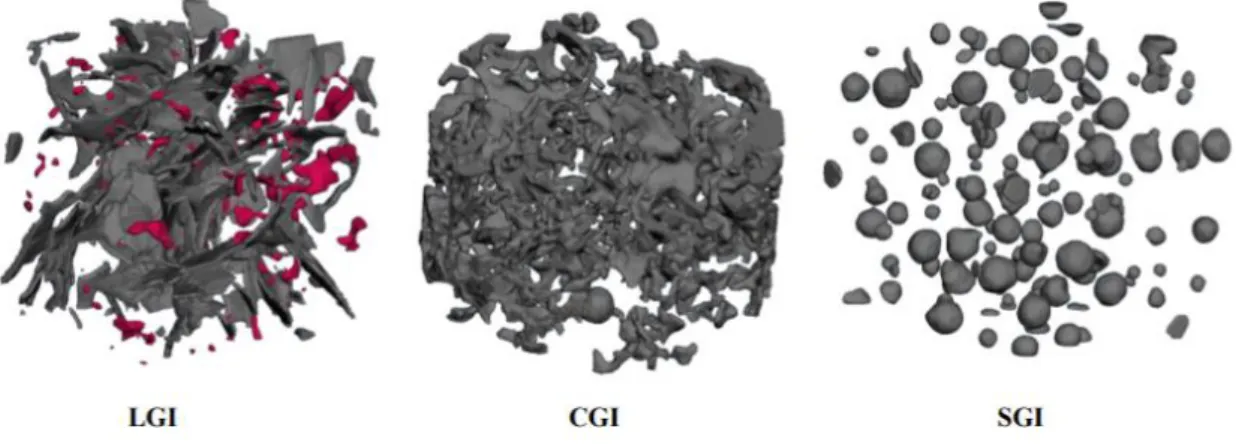 Figure 1. Three different cast iron groups based on the graphite morphology: (a) Lamellar  Graphite Iron (LGI), (b) Compacted Graphite Iron (CGI) and (c) Spheroidal Graphite Iron 