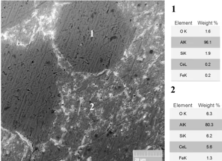 Fig. 4. SEM-BS image and results of EDXS analysis of 2R alloy treated using the solution of  0.05 mol/l Ce(NO 3 ) 3  and 0.1 mol/l NaCl for 18 hours