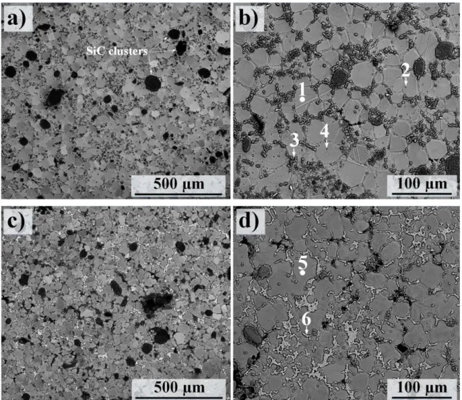 Fig.  5.  SEM  micrographs  showing  the  microstructure  of  Mg-based  MMC  (HCS  59N)  produced  through the RC method; (a) and (b) alloy AM50-based MMC, (c) and (d) alloy AZ91D-based MMC