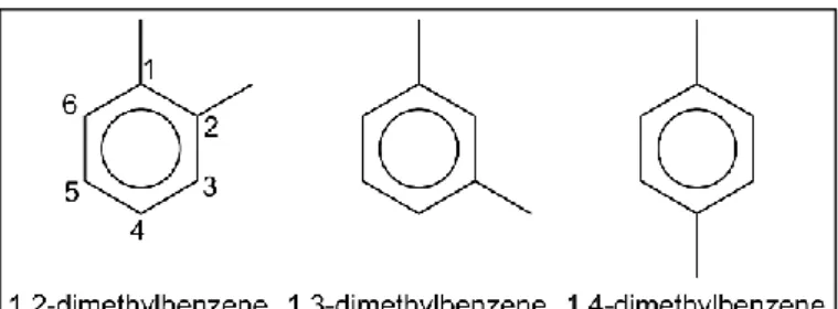 Figur 1. Xylen förekommer i tre isoformer, ortho-, meta- och para xylen (9) 