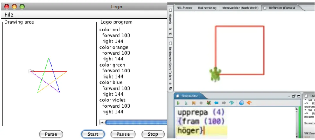 Figur 1.  Textbaserad programmering: Till vänster: Stjärna med olika färger. Till höger: Kvadrat