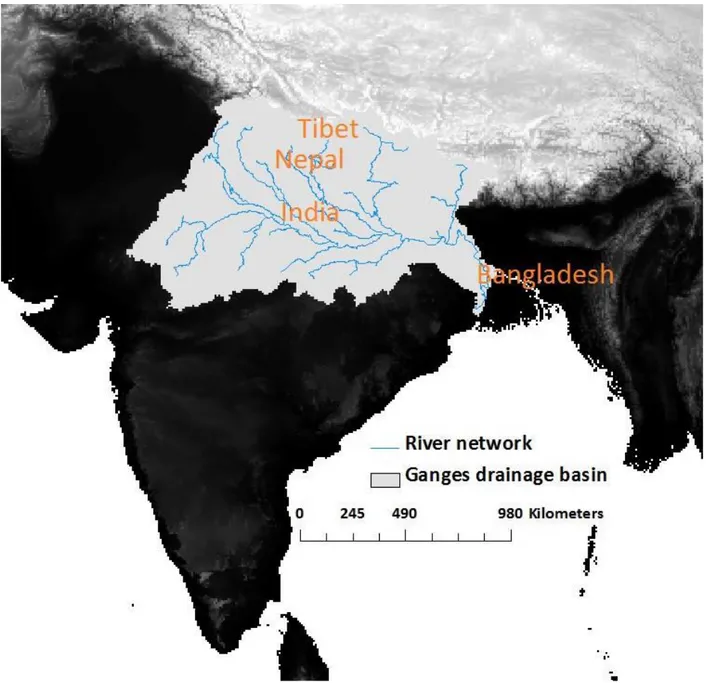 Figure 1. Extent of GDB along with Ganges river network. 