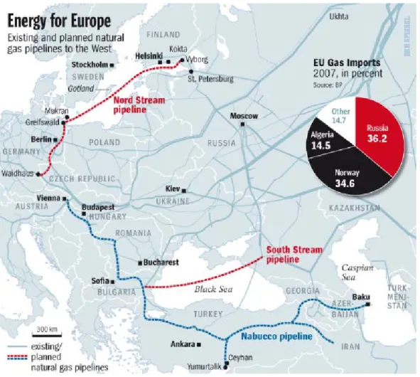 Figur 1. Kartan visar existerande och planerade naturgasledningar till Europa, inklusive   Nord Streams naturgasledning