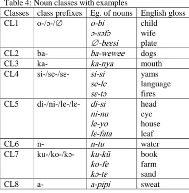 Table 4: Noun classes with examples 