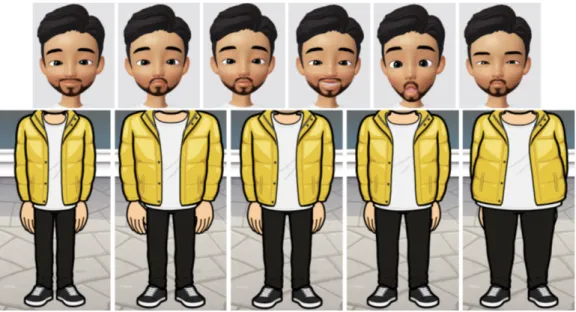 Figure 2: Examples of different emotional (top) and physical (bottom) states of the virtual character