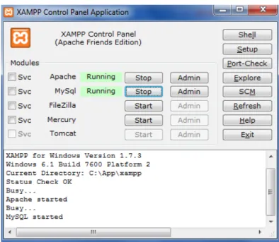 Figur 7 - XAMPP kontrollpanel med Apache och Mysql startat. 