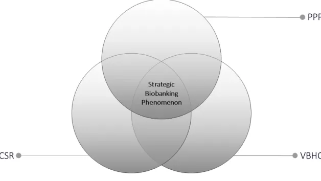 Figure 1.1: Strategic biobanking studied in the intersection of three theoretical lenses.