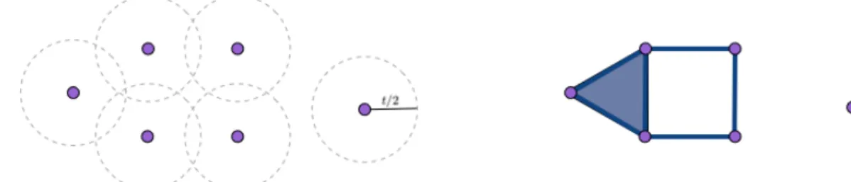 Figure 2.1.2: Left: six purple points together with balls of radius 2 t allowing to judge the distance between the points