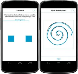 Figure 1. Implementation of dexterity tests (tapping  and spiral drawing) on the smartphone