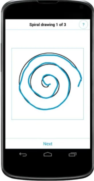 Figure 1. Implementation of a fine motor test (spiral drawing) on the smartphone. 