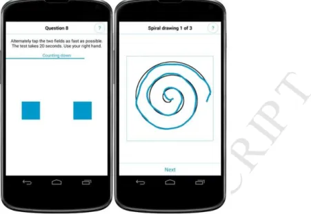 Figure 1. Implementation of dexterity tests (tapping and spiral drawing) on the smartphone