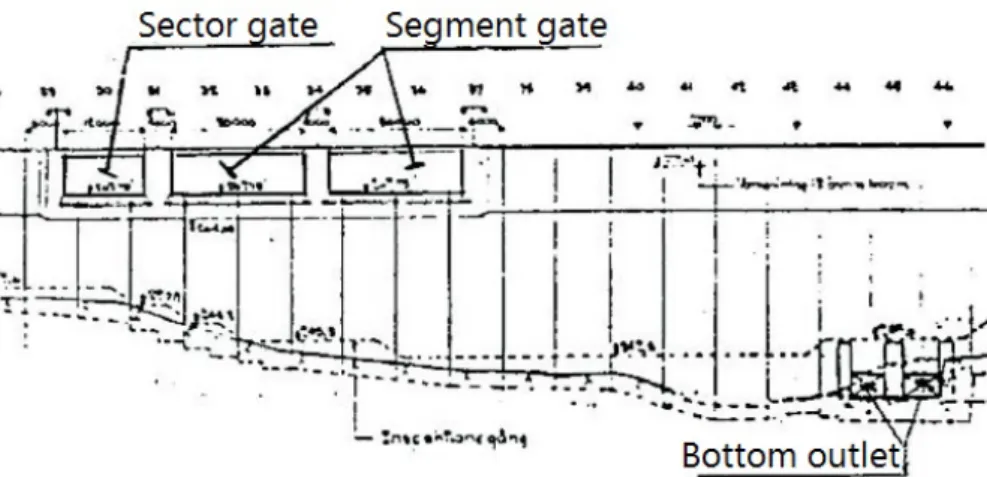 Figure 4.2: An overview of the spillways in the downstream direction. The vertical lines represents the monoliths [33].