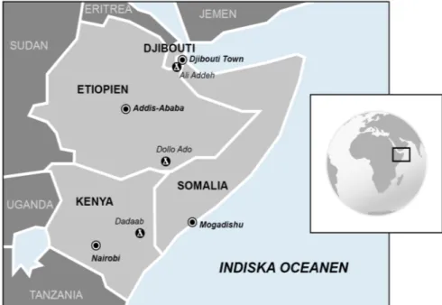 Figur 1: Karta över Afrikas horn, huvudstäder &amp; flyktingläger utmarkerade  (Andersson &amp; Järvestad 2012, s.8).