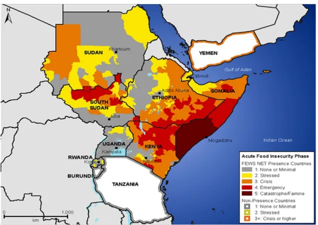 Figur 2: FEWS NET:s regionsöversikt  över livsmedelssituationen på Afrikas horn (FEWS NET 2011).
