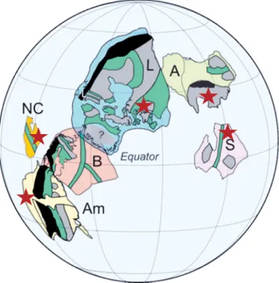 Figure 3: Paleomagnetic reconstruction of continental position at 1.53 Ga, based on  data from Amazonia (Am), Australia (A), Baltica (B), North China (NC), Laurentia  (L), Siberia (S)