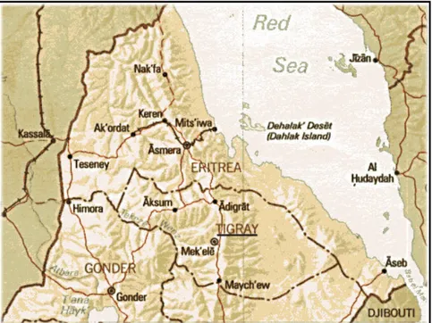 Figure 2. Map over North Ethiopia (1999), the Tigray province is underlined.  