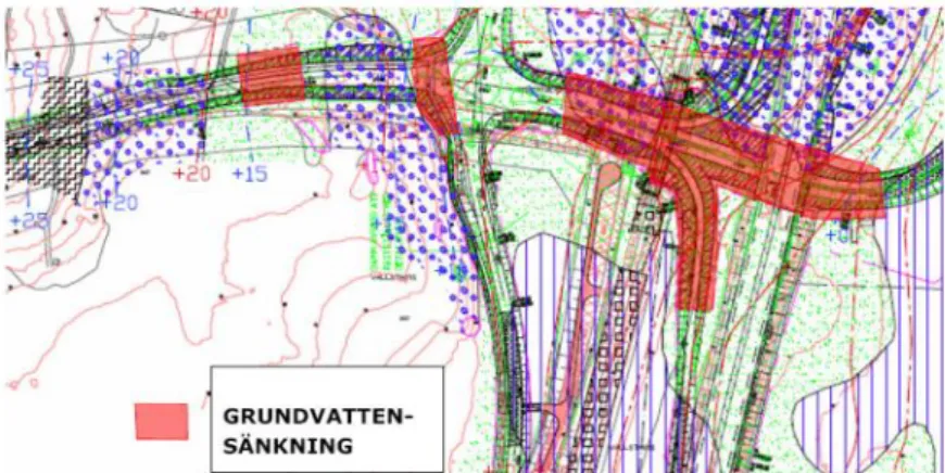 Figur 15. Områden där grundvattennivåer behöver sänkas av  under  bygg-  samt  driftskede  för  Trafikplats  Rosersberg