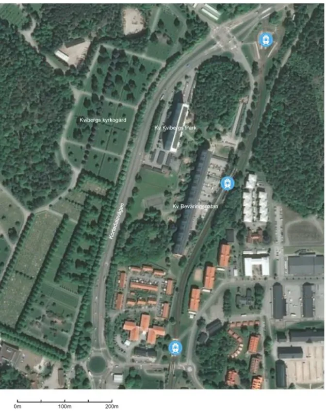 Figur 5.2. Ortofoto över Kvibergs Park och dess sammanhang. (Karta: Google Maps) 