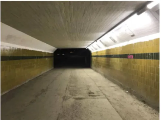 Figur 8 redovisar belysningsstyrkan i gångtunneln. Den visar en hög belysningsstyrka  inuti gångtunneln där lägsta värdet visade 32 lux och högsta värdet visade 277 lux