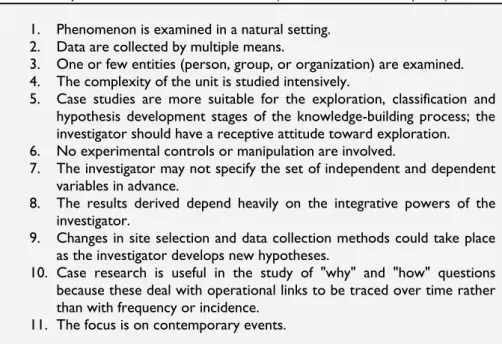 Table 4. Key Characteristics of Case Studies (Benbasat et al., 1987, p.371)  1.  Phenomenon is examined in a natural setting