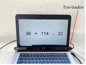 Figur 6: Eye-Tracker (staven med röda lampor som sitter under hela skärmen) kopplad till en  dator (13”) med en exempeluppgift från studien