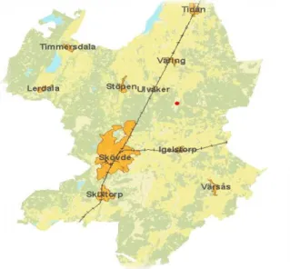 Figur 1. Karta över Skövde kommun, den röda pricken visar flygplatsen. 