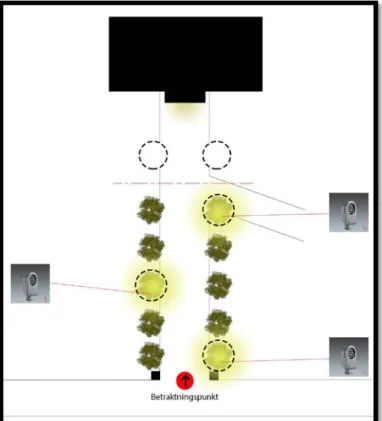 Figur 13. Bilden visar en plankarta över ljusscen 4 där träden i allén är belysta i ett sicksack  mönster