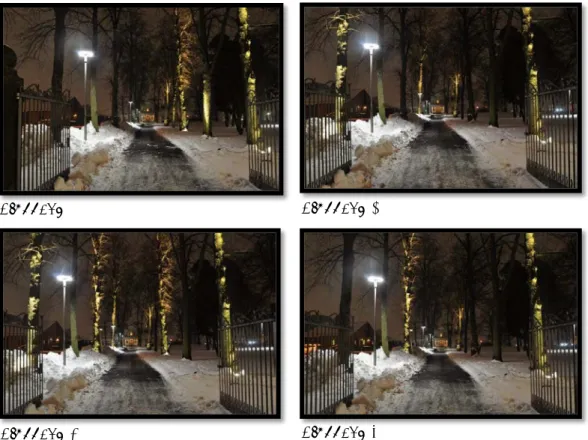 Figur 14. Fotona visar de fyra olika ljusscenerna som togs fram och valdes till undersökningen  under provljussättningen (Foto: My Servin)