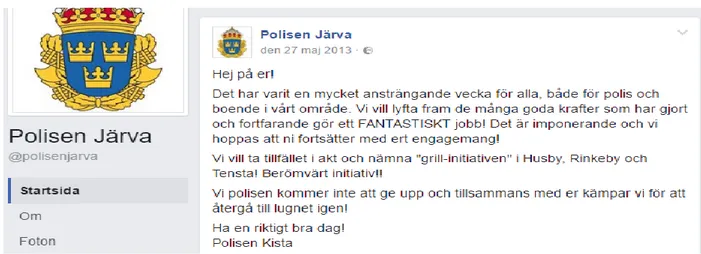 Figur 9: Inlägg från Järvapolisens Facebooksida som påvisar att de vill ha en dialog med de boende i Husby   