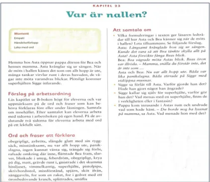 Figur 2. Rubriker som återfinns i samtliga kapitel i lärarhandledningen vid   arbete med läsebok B (Wänblad 2011)
