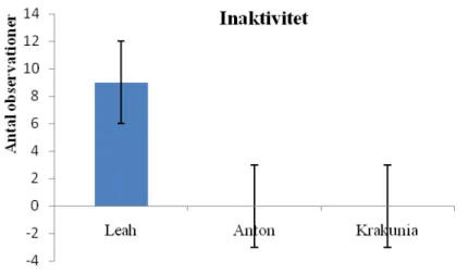 Figur 2 Visar jämförelse i aktivitet hos de tre individerna. Anton var den mest aktiva, nästan   dubbelt så mycket än Leah och Krakunia