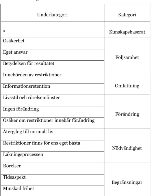 Tabell 3. Sammanställning av samtliga kategorier och underkategorier. En * är för den kategori som  saknar underkategorier